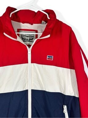 Levi's Retro Style Red White Blue Windbreaker Full Zip Jacket Hood Men's Size XL